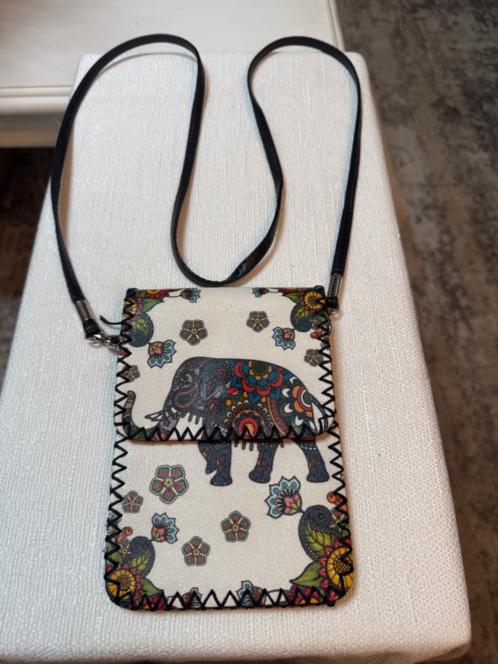 Printed Elephant Crossbody Phone Pouch - Cream